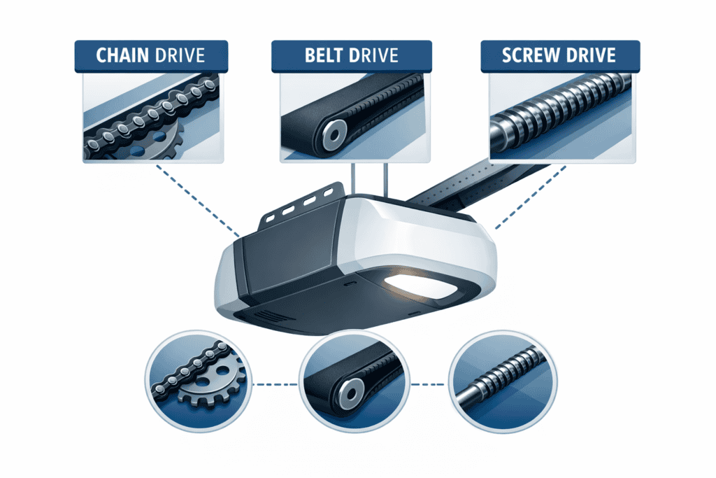 Belt Drive vs Chain Drive vs Direct Drive Garage Door Opener: Which Is Right for Your Property?